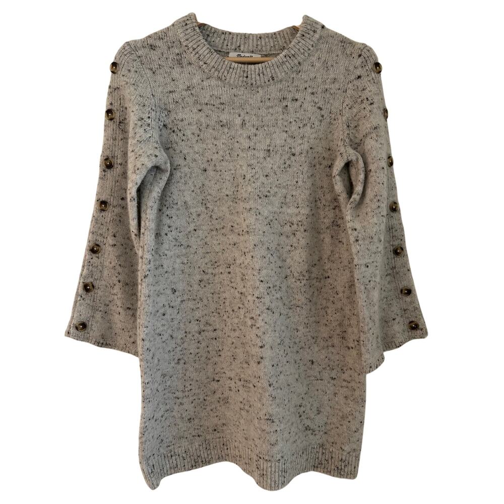 Madewell Donegal Wool Blend Sweater Dress Button Sleeve Mini Oatmeal Speckled - Picture 5 of 11